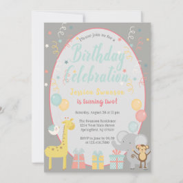 Cute Party Animals Birthday Celebration Blue Inbjudningar