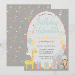 Cute Party Animals Birthday Celebration Blue Inbjudningar