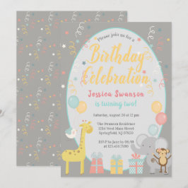 Cute Party Animals Birthday Celebration Gult Inbjudningar