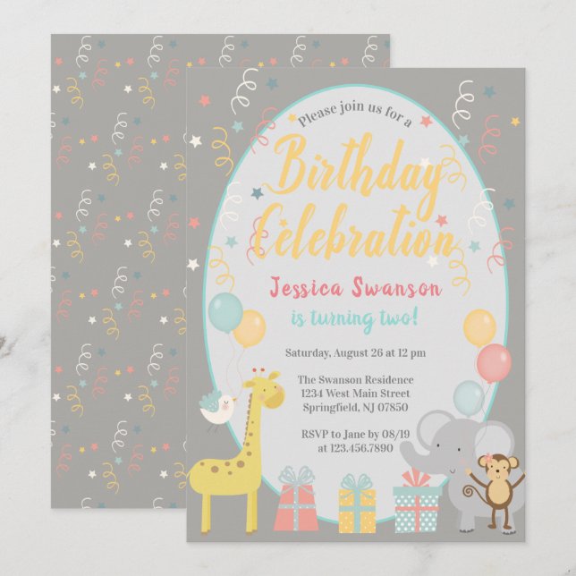 Cute Party Animals Birthday Celebration Gult Inbjudningar (Fram/baksida)