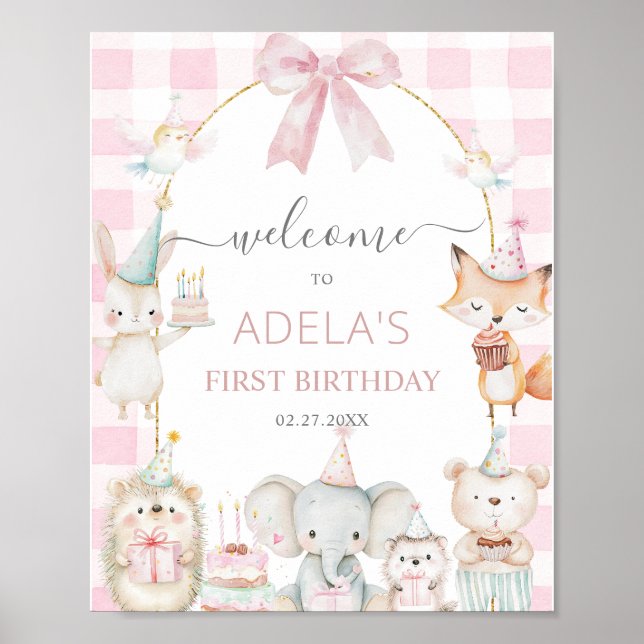 Cute Party Animals Fun To Be One 1st Birthday Pink Poster (Framsidan)