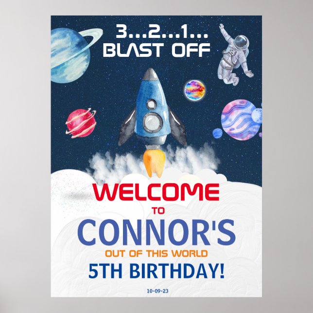Cute Party Astronaut Birthday Välkommen Poster (Framsidan)