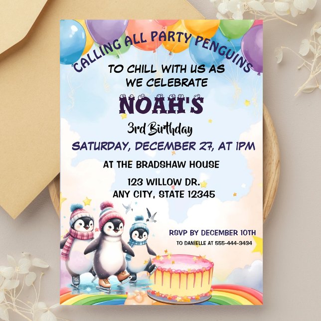Cute Party Birthday Boy Watercolor Penguins Inbjudningar (Skapare uppladdad)