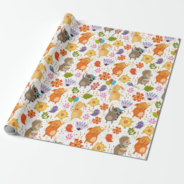 Cute Party Critters Wrapping Papper Presentpapper (Utrullad)