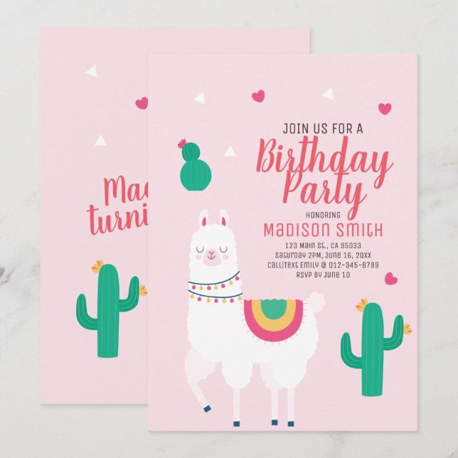 Cute Party Llama-födelsedagsinbjudan Inbjudningar (Fram/baksida)