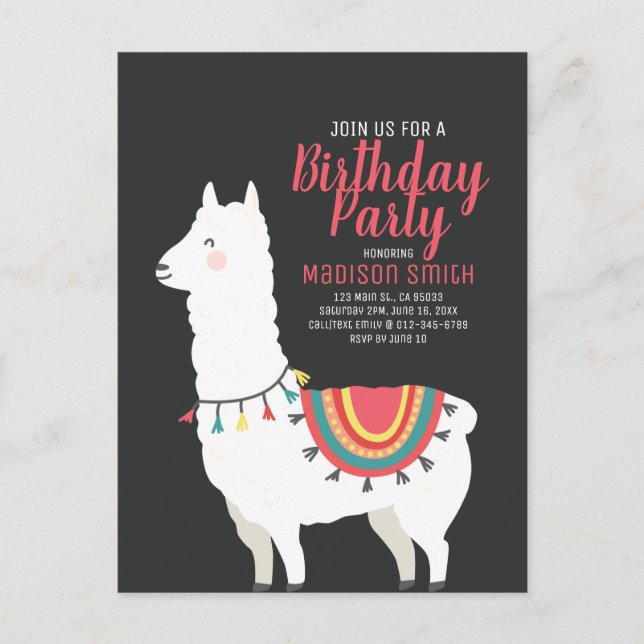 Cute Party Llama och Balloon Birthday bjudande Inbjudan Vykort (Framsida)