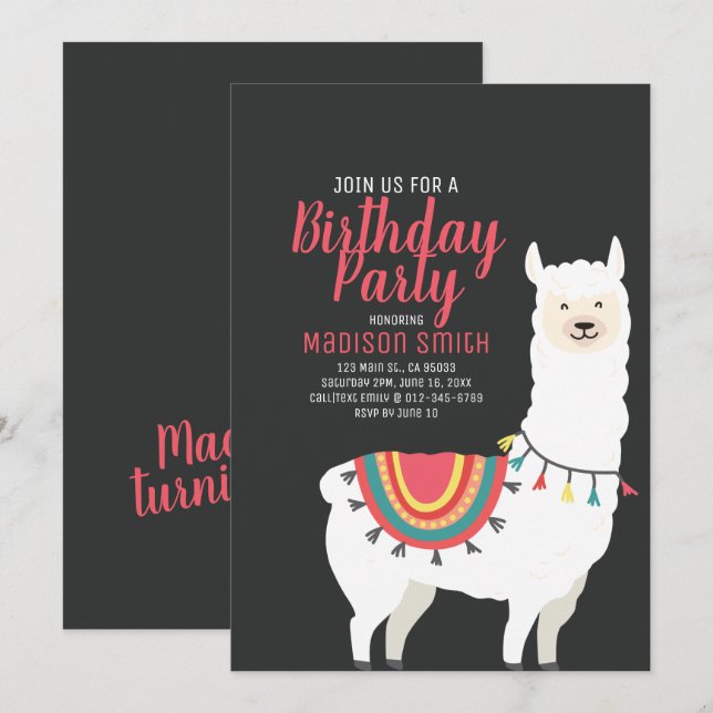 Cute Party Llama och Balloon Birthday bjudande Inbjudningar (Fram/baksida)