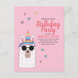 Cute Party Llamacorn Birthday-inbjudan Inbjudan Vykort