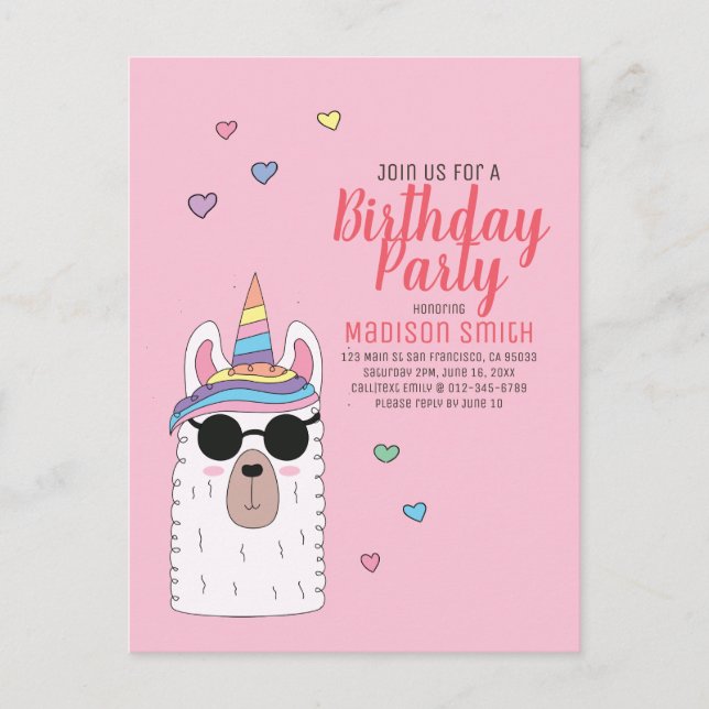 Cute Party Llamacorn Birthday-inbjudan Inbjudan Vykort (Framsida)