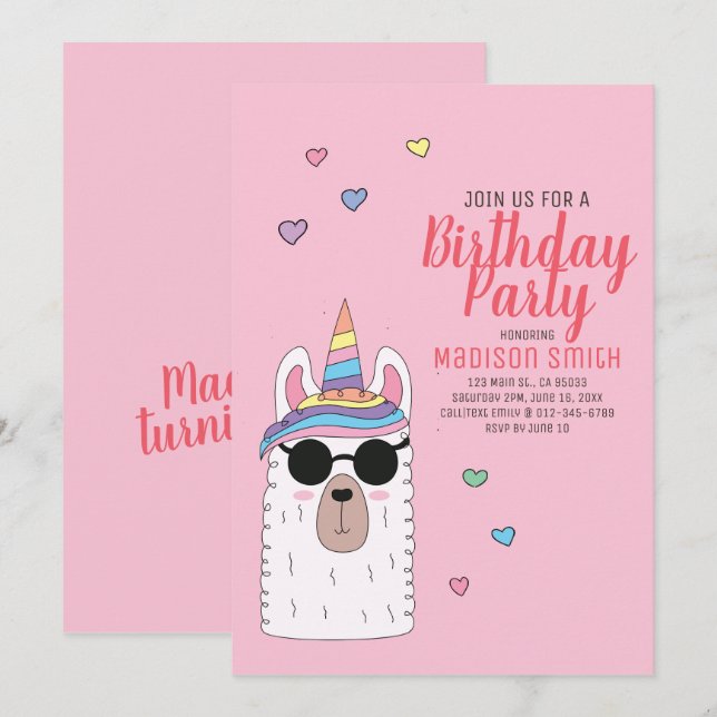 Cute Party Llamacorn Birthday-inbjudan Inbjudningar (Fram/baksida)