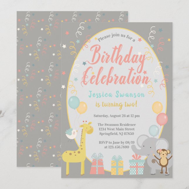 Cute Party Zoo Animals Birthday Celebroration Rosa Inbjudningar (Fram/baksida)