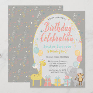 Cute Party Zoo Animals Birthday Celebroration Rosa Inbjudningar