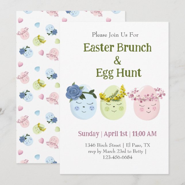 Cute Påsk Brunch Egg Hunt-inbjudan Inbjudningar (Fram/baksida)