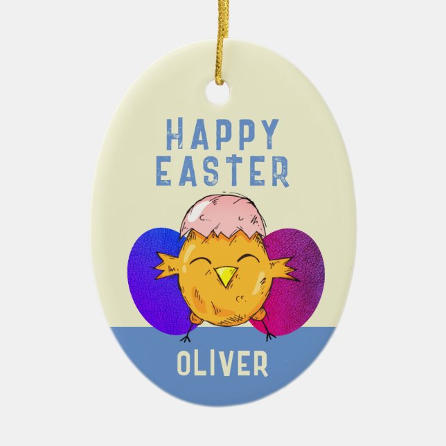 Cute Påsk Chick och Eggs Glad påsk Julgransprydnad Keramik (Framsidan)