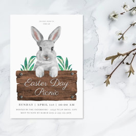 Cute Påsk Day Picnic Bunny & Rustic Sign Inbjudningar