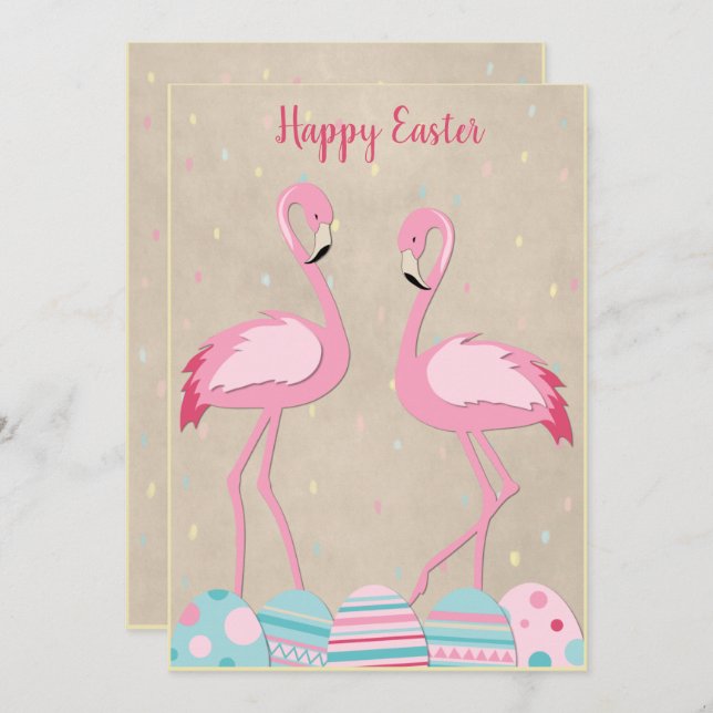 Cute Påsk flamingo och målade ägg Julkort (Fram/baksida)