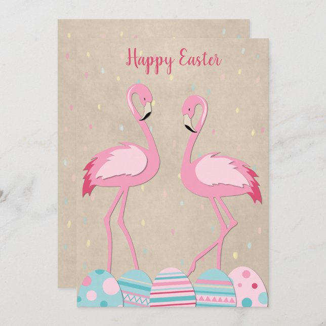 Cute Påsk flamingo och målade ägg Julkort (Fram/baksida)