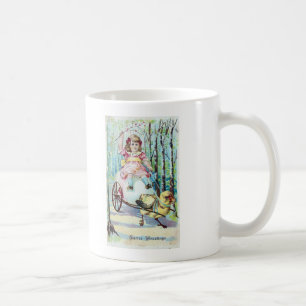 Cute Påsk Girl in Cart med Chick Pulling Cart Kaffemugg