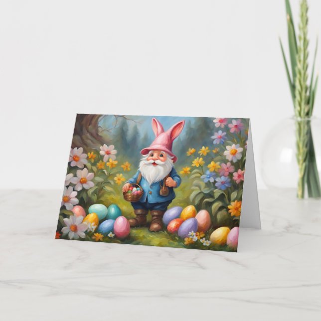 Cute Påsk Gnome i Vår Garden Illustration Helgkort (Framsida)