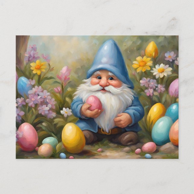 Cute Påsk Gnome med Påskägg och blommor Helg Vykort (Framsida)