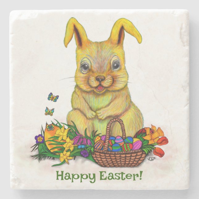 Cute Påsk-kanin med ägg och blommor Stenunderlägg (Framsidan)