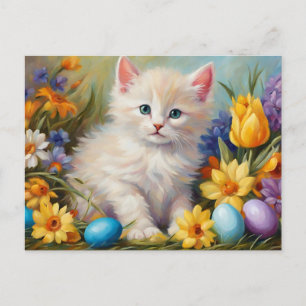 Cute Påsk Kitten med blommor och Påskägg Helg Vykort