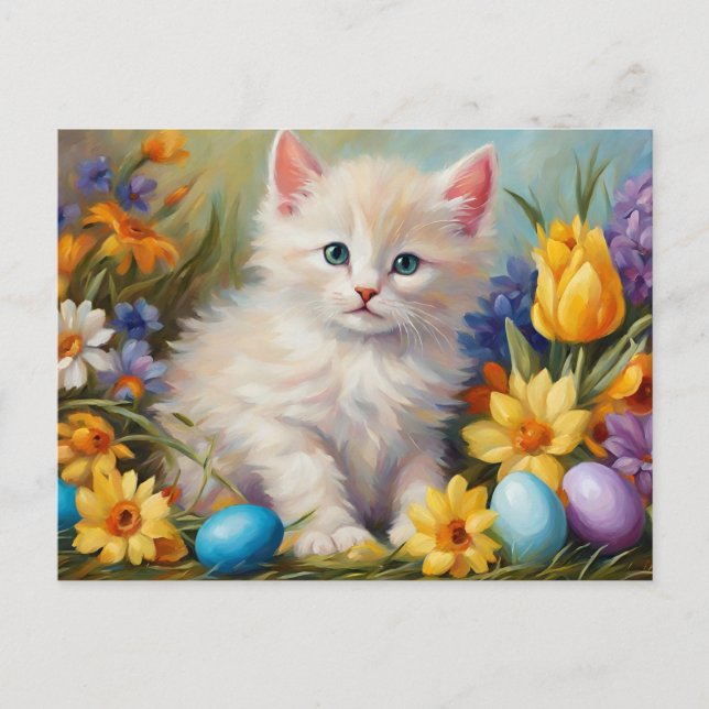 Cute Påsk Kitten med blommor och Påskägg Helg Vykort (Framsida)