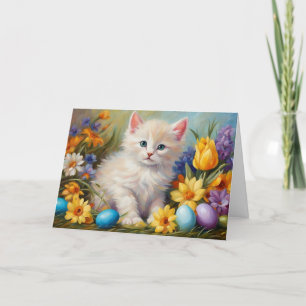 Cute Påsk Kitten med blommor och Påskägg Helgkort