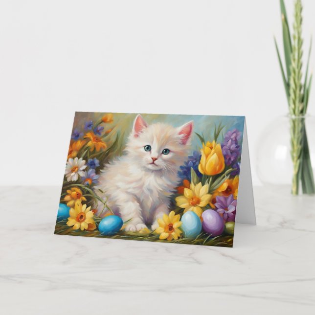 Cute Påsk Kitten med blommor och Påskägg Helgkort (Framsida)