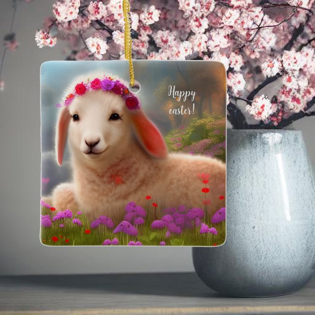 Cute påsk lamb med blommor - påsk julgransprydnad keramik (Skapare uppladdad)
