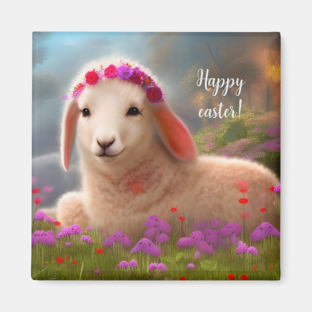 Cute påsk lamb med blommor - påsk magnet (Framsidan)