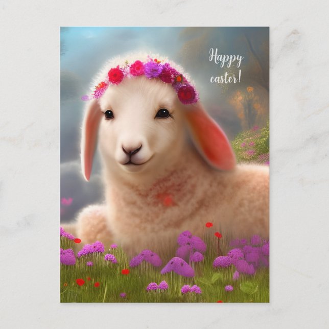 Cute påsk lamb med blommor - påsk vykort (Framsida)