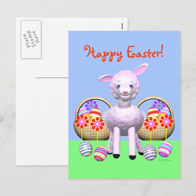 Cute Påsk Lamb och Basket ägg Helg Vykort (Fram/baksida)