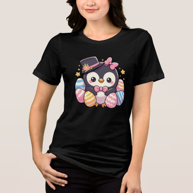 Cute Påsk Penguin med färgade ägg Kawaii T Shirt (Framsida)