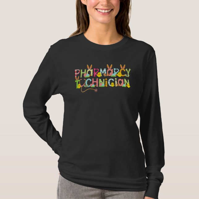 Cute Påsk Pharmacy Technician Bunny Öron Lycklig E T Shirt (Framsida)