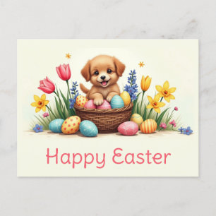 Cute Påsk Puppy Hund Egg Basket Blommigt Vykort