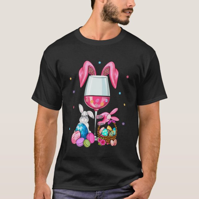 Cute Påsk Vin Glass Bunny Öron dricker kvinnor T Shirt (Framsida)