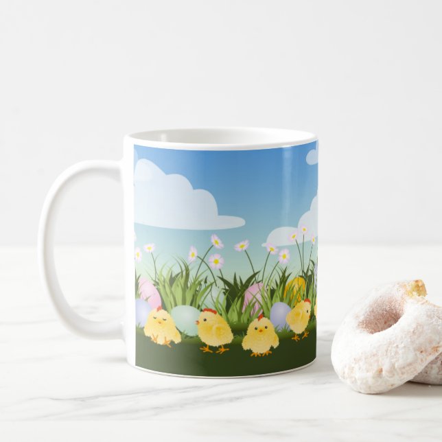 Cute Påskägg Baby Chickar och blommor Kaffemugg (Med munk)