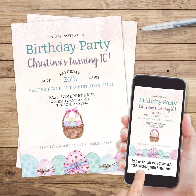 Cute Påskägg Hunt Födelsedagsfest inbjudan (cute easter egg hunt theme birthday party invitation for boy or girl with cute watercolor basket)