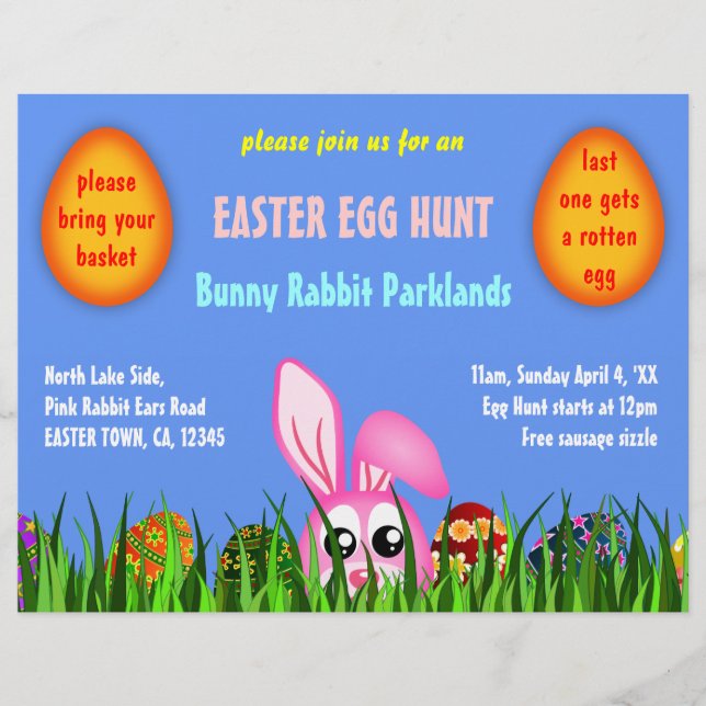 Cute Påskhare and Eggs in Grass Egg Hunt Flyer (Framsidan)