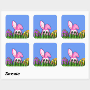 Cute Påskhare and Eggs in Grass Square Sticker Fyrkantigt Klistermärke