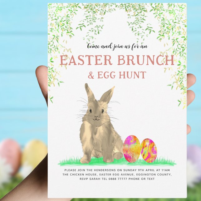 Cute Påskhare Egg Hunt och Brunch Inbjudningar (Easter brunch and egg hunt cute bunny and colorful eggs invitation)