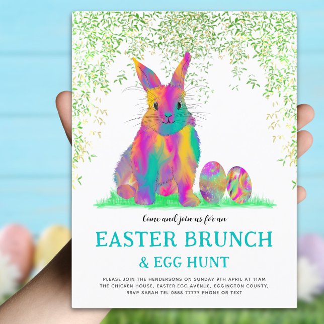 Cute Påskhare Egg Hunt och Brunch Teal Inbjudan Vykort (Easter brunch and egg hunt invitation with colorful watercolor bunny and eggs and eucalyptus foliage)