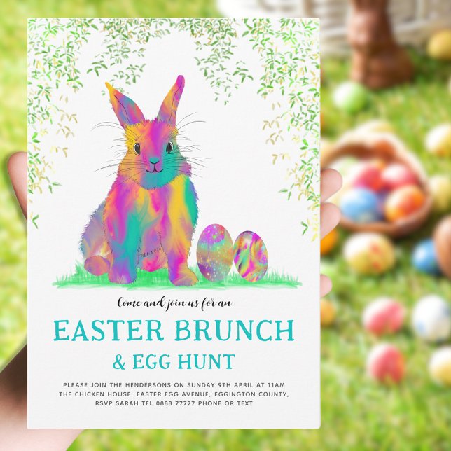 Cute Påskhare Egg Hunt och Brunch Teal Inbjudningar (Easter brunch and egg hunt cute colorful Easter bunny invitation)