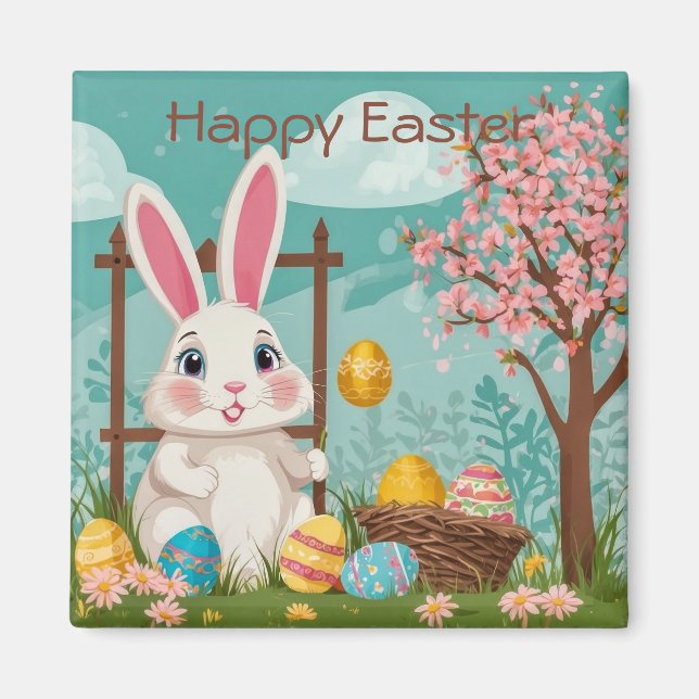 Cute Påskhare Eggs Vår Blommigt Illustration Magnet (Framsidan)