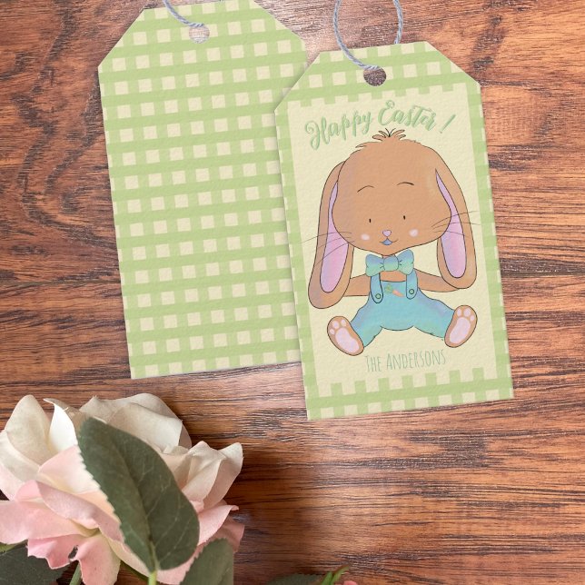 Cute Påskhare Grönt Gingham mönster Gift Märkre Presentetikett (Cute Easter bunny gift tags .)