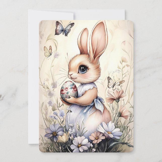 Cute Påskhare Holding Egg in Wildblommor Julkort (Framsida)