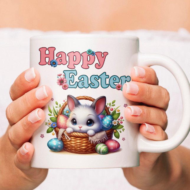 Cute Påskhare i Basket med ägg och blommor Kaffemugg (Cute Easter Bunny in Basket with Eggs and Flowers. Coffee Mug)
