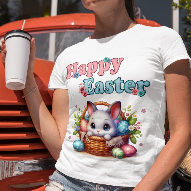 Cute Påskhare i Basket med ägg och blommor T Shirt (Cute Easter Bunny in Basket with Eggs and Flowers. Women Basic White T-Shirt)