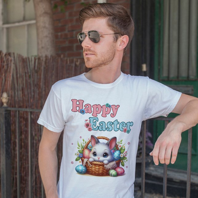 Cute Påskhare i Basket med ägg och blommor T Shirt (Cute Easter Bunny in Basket with Eggs and Flowers. Men Basic White T-Shirt)